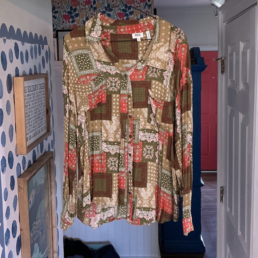 BKE Women's Patchwork Button-Up Shirt - Red, Green, Tan